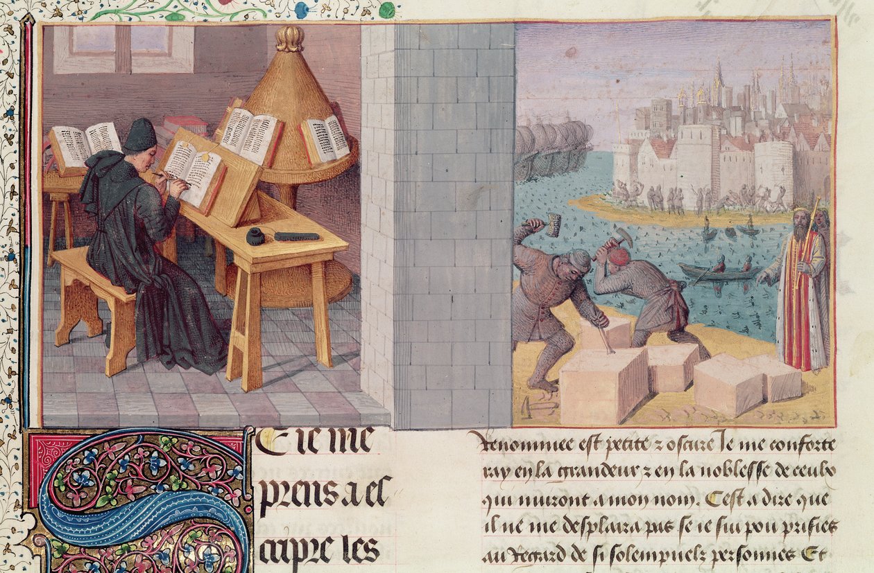 Ms.fr.273 fol.7 Livy（公元前59年 - 公元17年）写作和罗马基金会，来自“罗马人民年鉴”，由Pierre Bersuire翻译，c.1475 作者 让·富凯