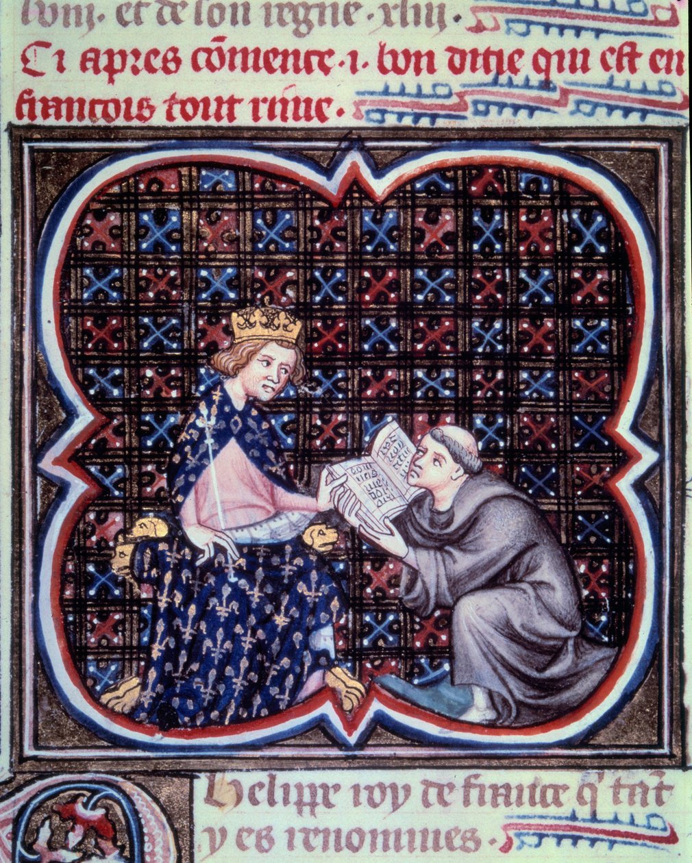 教长向菲利普三世（1245-1285）介绍法国大纪元的文本。让-富凯（Jean Fouquet，1420-1481）《法国大纪事》手稿中的微型画。巴黎。B N 作者 让·富凯