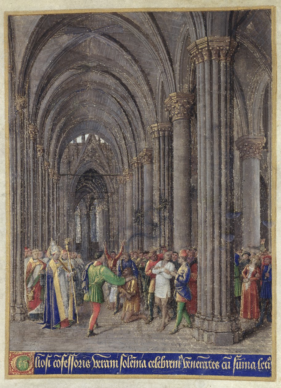 St. Veran驱逐巴黎圣母院大教堂北走廊的人，来自&39;Heures d&39;Etienne Chevalier&39;，1452-60 作者 让·富凯