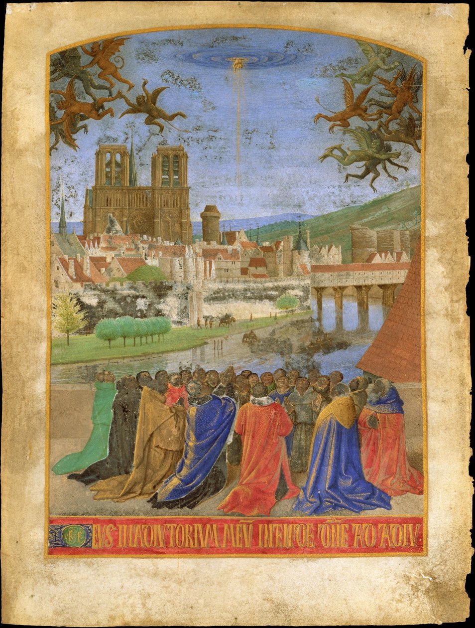 上帝的右手保护信徒对抗恶魔，c.1452-1460（羊皮纸上的蛋彩画和金箔） 作者 让·富凯