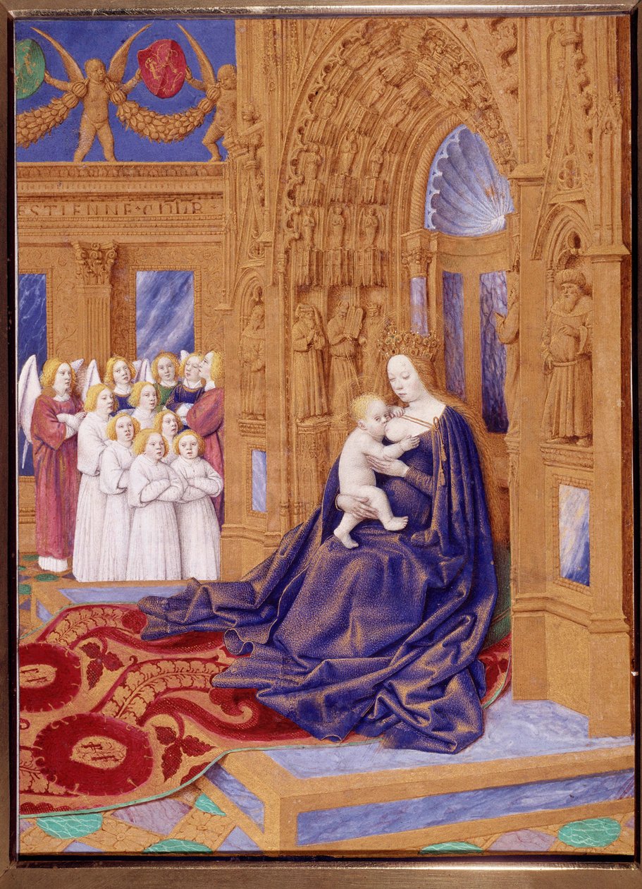 圣母拥有从让·富凯 (Jean Fouquet) (1420-1477/1481) 的“斯蒂芬·骑士的时光之书”中取出的微型孩子 作者 让·富凯