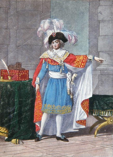 Directoire时期（1795-99年）行政目录的五名成员之一，身着正式服装（彩色版画）。 作者 让·弗朗索瓦（后）加内雷