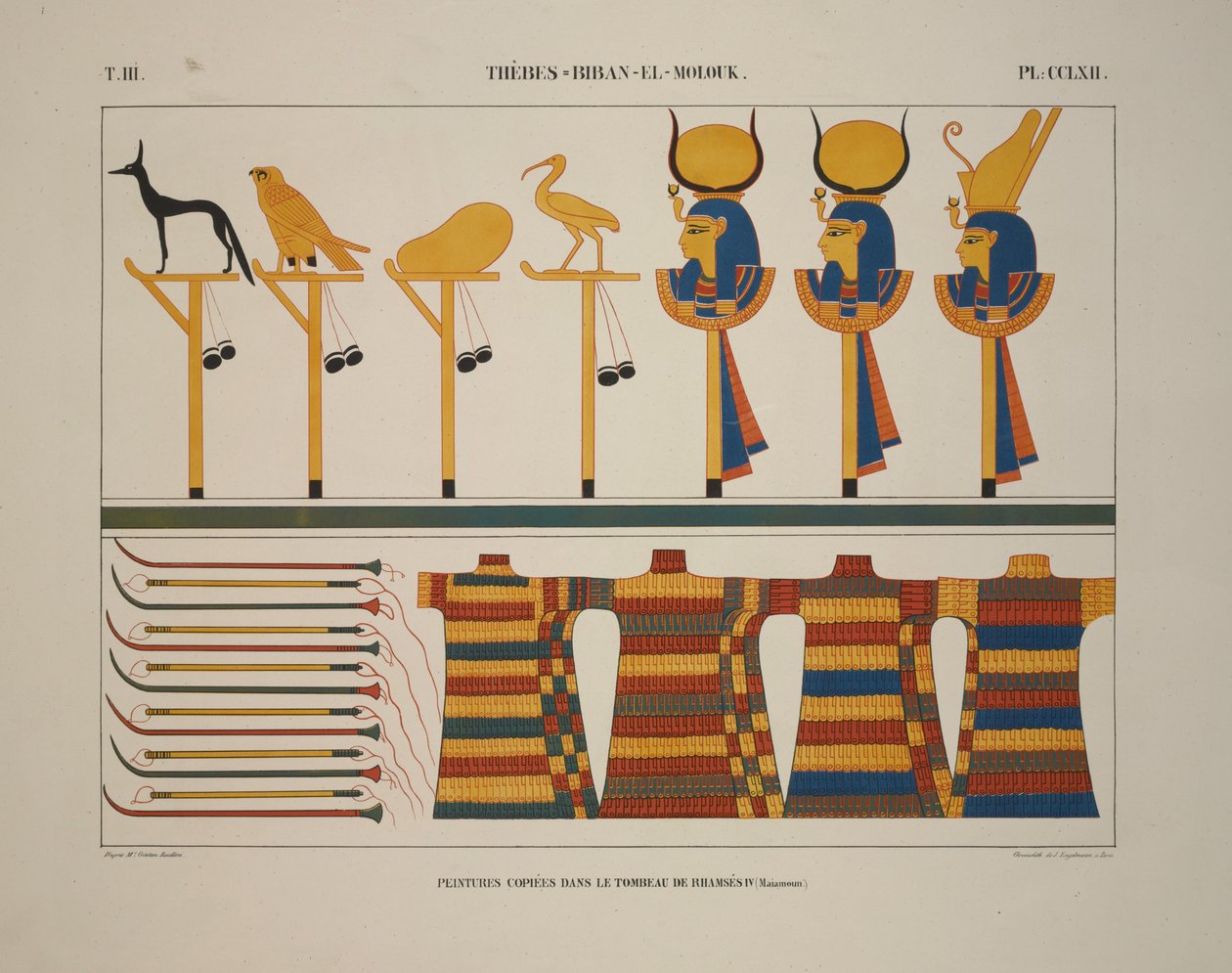 武器和标志，底比斯（Thebes），比班·莫洛克（Biban-el-Molouk），插图取自“ Monuments de L”，埃及及德拉努比，1845年 作者 让·弗朗索瓦·尚波利翁