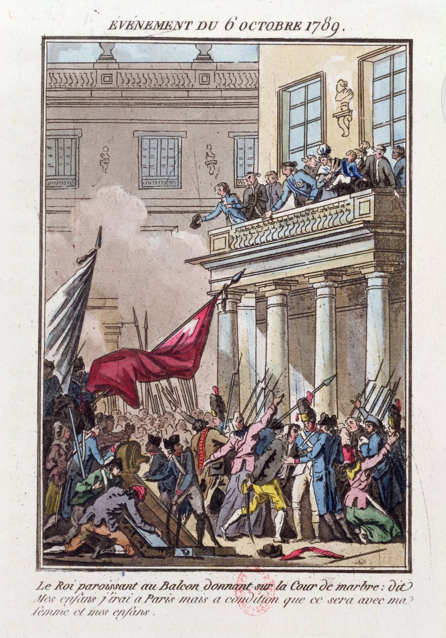 路易十六于1789年10月6日出现在凡尔赛宫的阳台上，告诉巴黎的暴徒他将去巴黎，条件是他的妻子和家人和他一起旅行 作者 让·弗朗索瓦·詹尼特