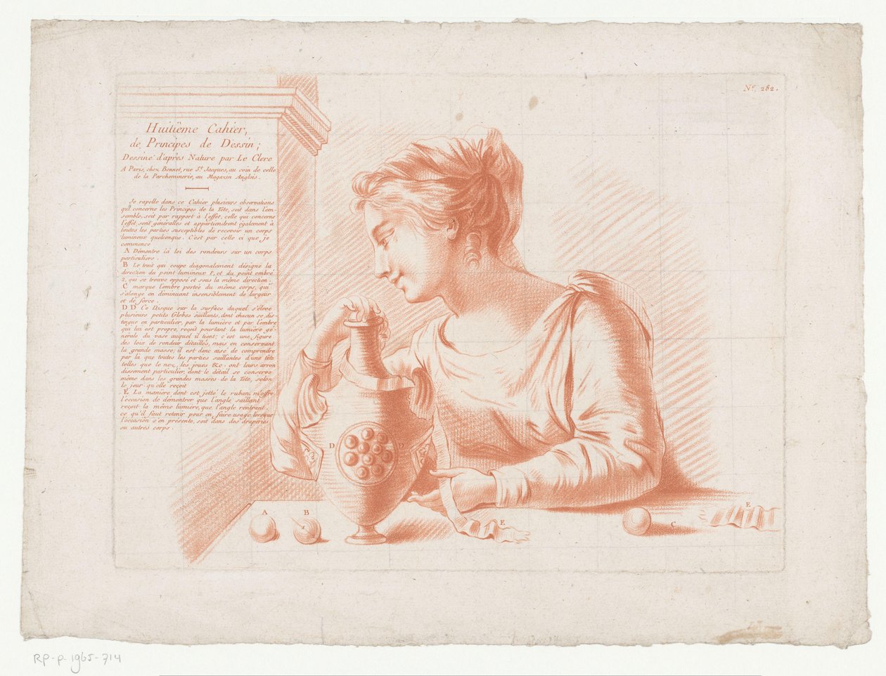 带有女人和壶的标题版画
人体部分构图（系列名称）
Huitième Cahier, de Principes de Dessin（系列标题，印在实物上） 作者 让·弗朗索瓦·詹尼特