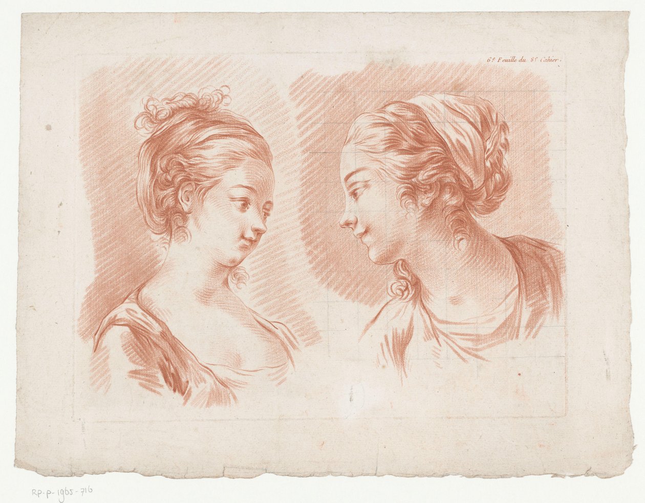 两个女人的头像
6.e Feuille du 8.e Cahier。(作品名称）
人体部分构图（系列名称）
Huitième Cahier de Principes de Dessin（系列名称） 作者 让·弗朗索瓦·詹尼特