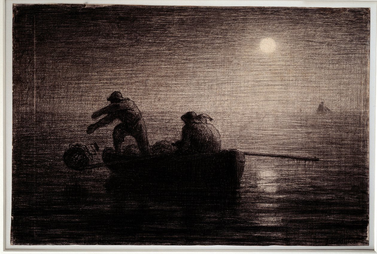 龙虾渔民抛出他们的粘土，夜景效果 让-弗朗索瓦-米勒（1814-1875）的黑色铅笔画，约1856-1858。Dim.0,32 x 0,49 m 巴黎。奥赛博物馆 作者 让·弗朗索瓦·米勒