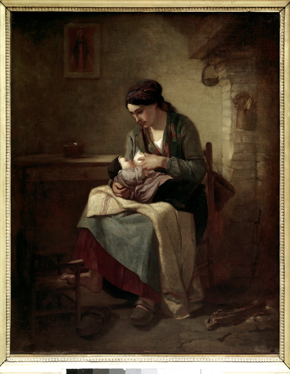 让·弗朗索瓦·米勒 (Jean Francois Millet) (1814-1875) 1845 年创作的《农民母乳喂养》。 0,81x0,54 m 巴黎，卢浮宫。 作者 让·弗朗索瓦·米勒