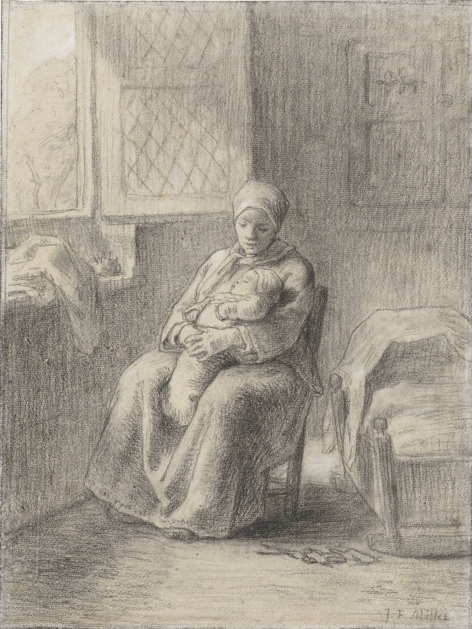 坐在窗边的婴儿的女人，c.1824-75（粉笔在纸上） 作者 让·弗朗索瓦·米勒