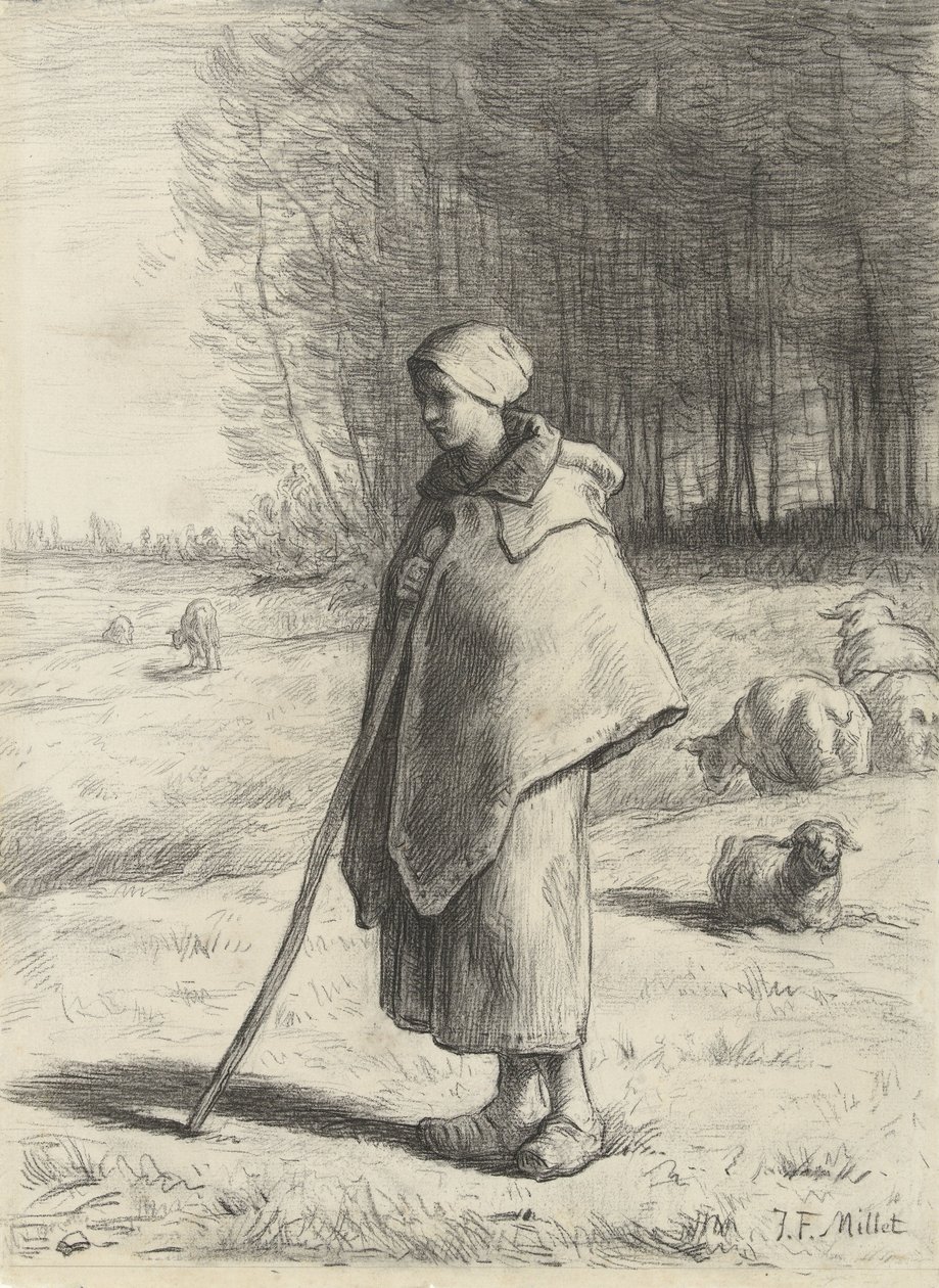 牧羊女，1860-69（粉笔在纸上） 作者 让·弗朗索瓦·米勒