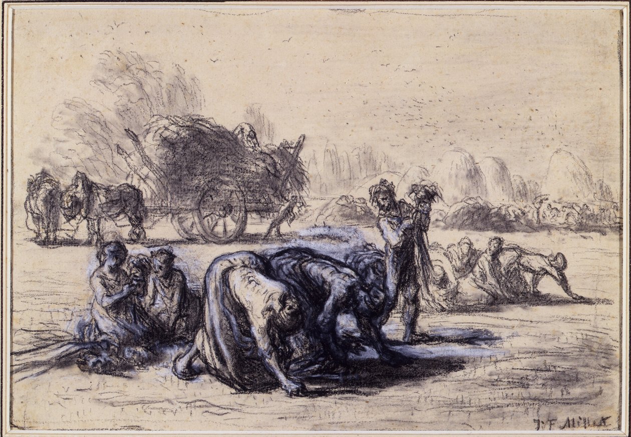八月：The Gleaners，c.1851-52（黑白粉彩纸） 作者 让·弗朗索瓦·米勒
