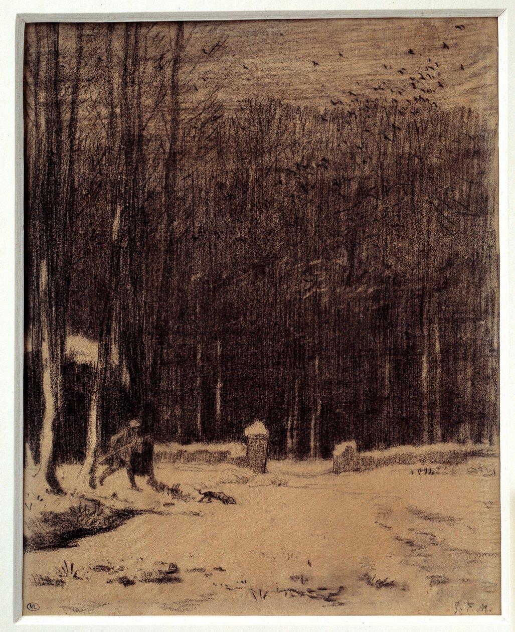 巴比松森林的入口，雪效果让·弗朗索瓦·米勒（Jean Francois Millet，1814-1875 年）暗淡的黑色铅笔画。 0,28 x 0,22 m 巴黎。 奥赛博物馆 作者 让·弗朗索瓦·米勒