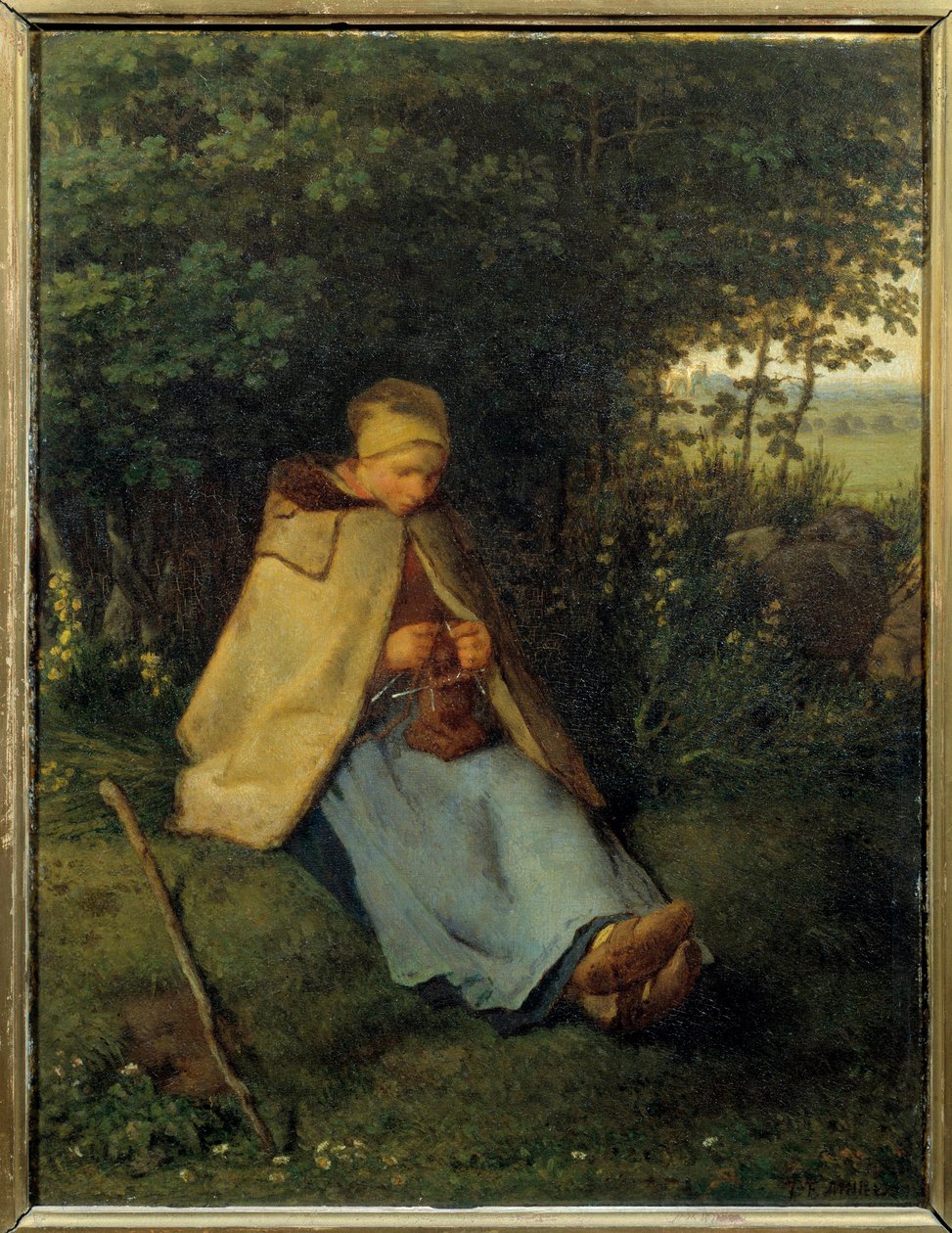 让·弗朗索瓦·米勒 (Jean Francois Millet) (1814-1875) 1858 年的《针织者》 0,39x0,29 m 巴黎，奥赛博物馆 作者 让·弗朗索瓦·米勒