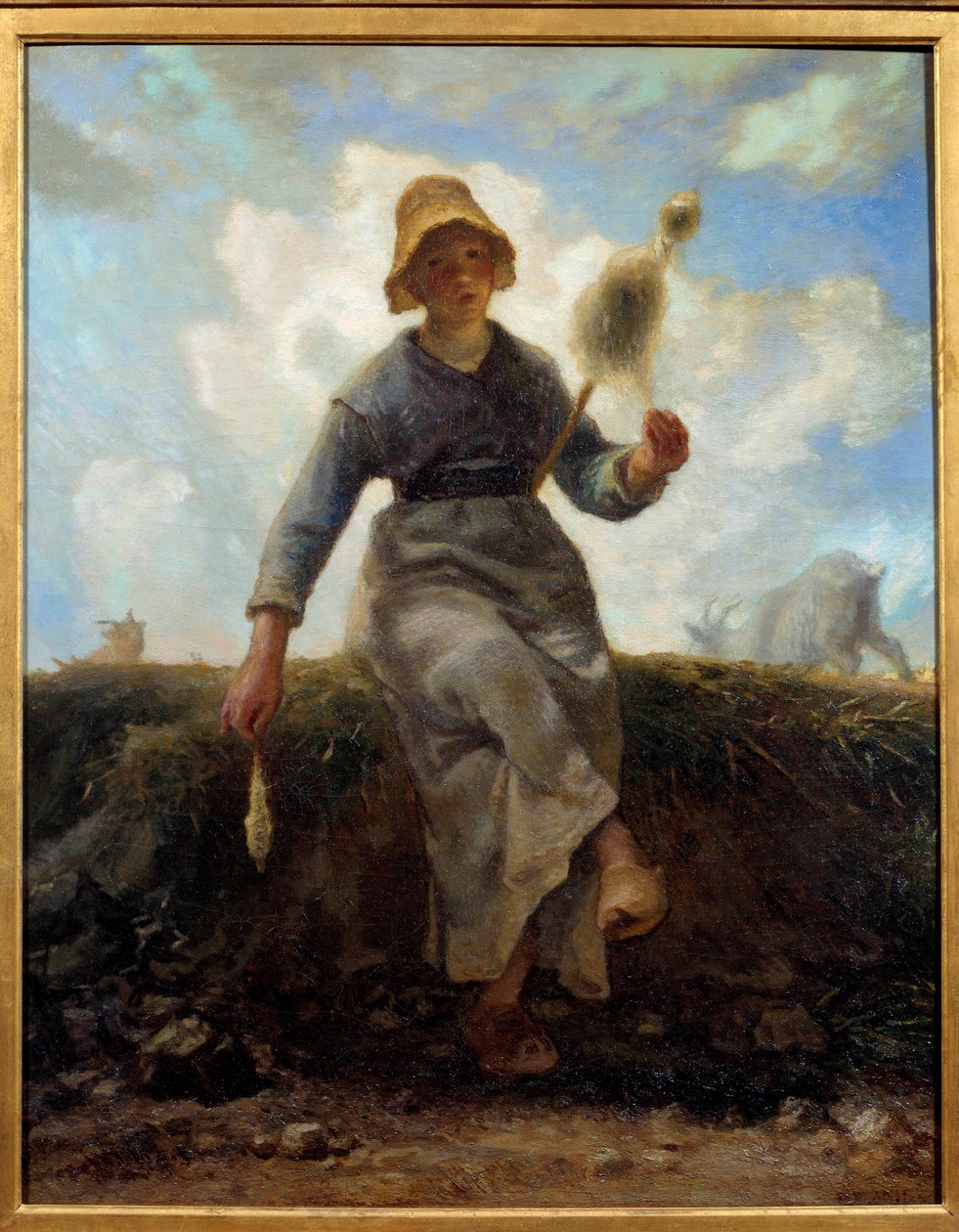 纺纱机，来自 Auvergne chevriere。 让·弗朗索瓦·米勒 (1814-1875) 的绘画 作者 让·弗朗索瓦·米勒