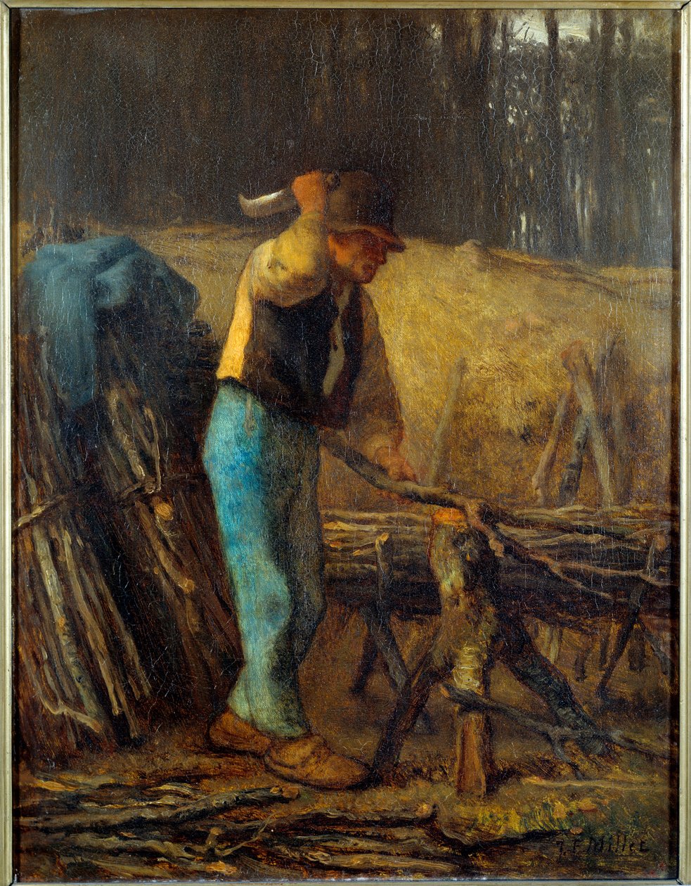 劈木工 樵夫用大砍刀将树枝切割成捆。 让·弗朗索瓦·米勒 (Jean Francois Millet) (1814-1875) 的画作，19 世纪太阳。 0,38x0,29 m 作者 让·弗朗索瓦·米勒