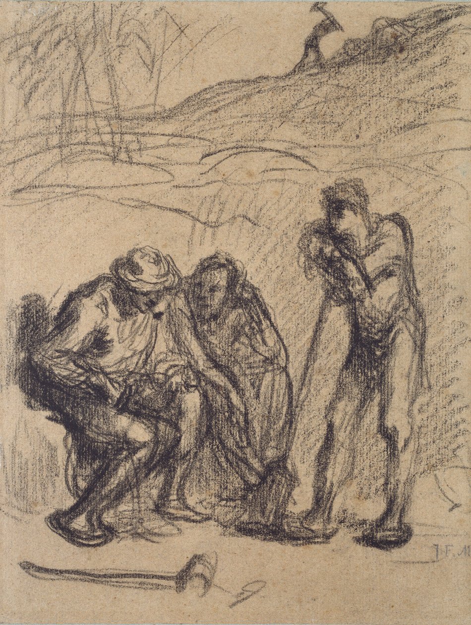 三个农民在休息，其中一个靠在铲子上，约1850-1851年 作者 让·弗朗索瓦·米勒