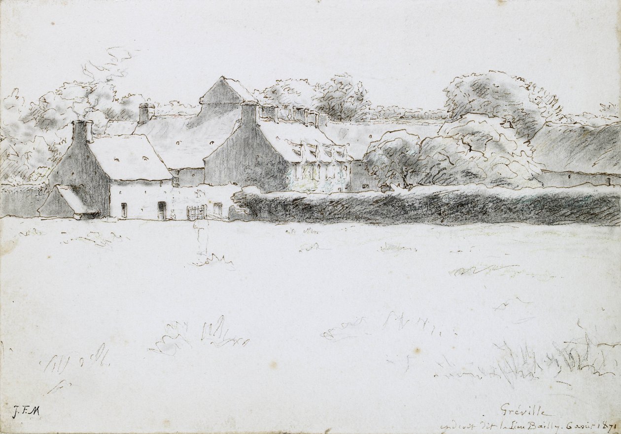 1871年田野农场建筑的视图（石墨与黑色粉笔，钢笔墨水和蜡笔在纸上） 作者 让·弗朗索瓦·米勒