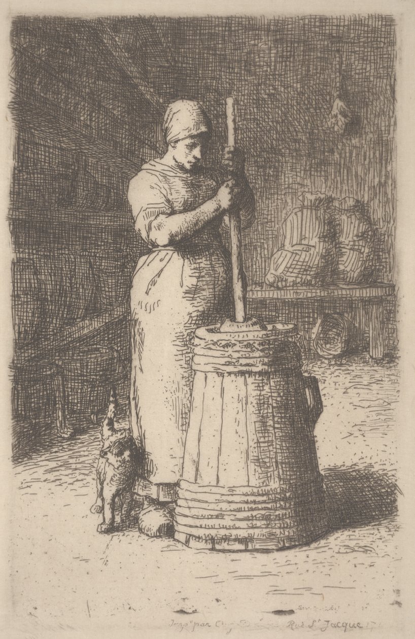 女人搅动黄油，c.1855-56（蚀刻） 作者 让·弗朗索瓦·米勒