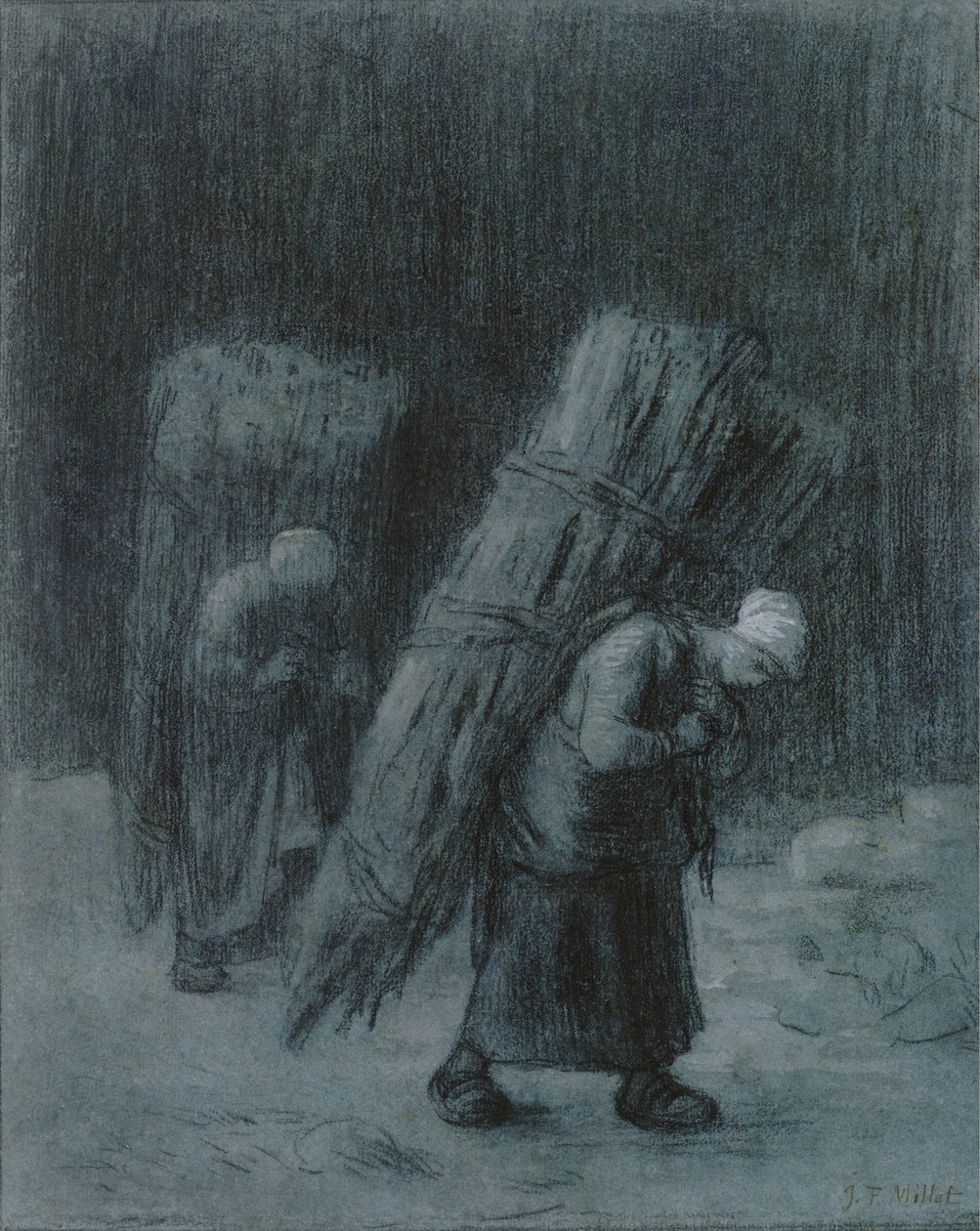 搬运树枝的妇女，约1858年（用白色水粉增高的木炭，木炭边框，灰蓝色厚纸上）。 作者 让·弗朗索瓦·米勒