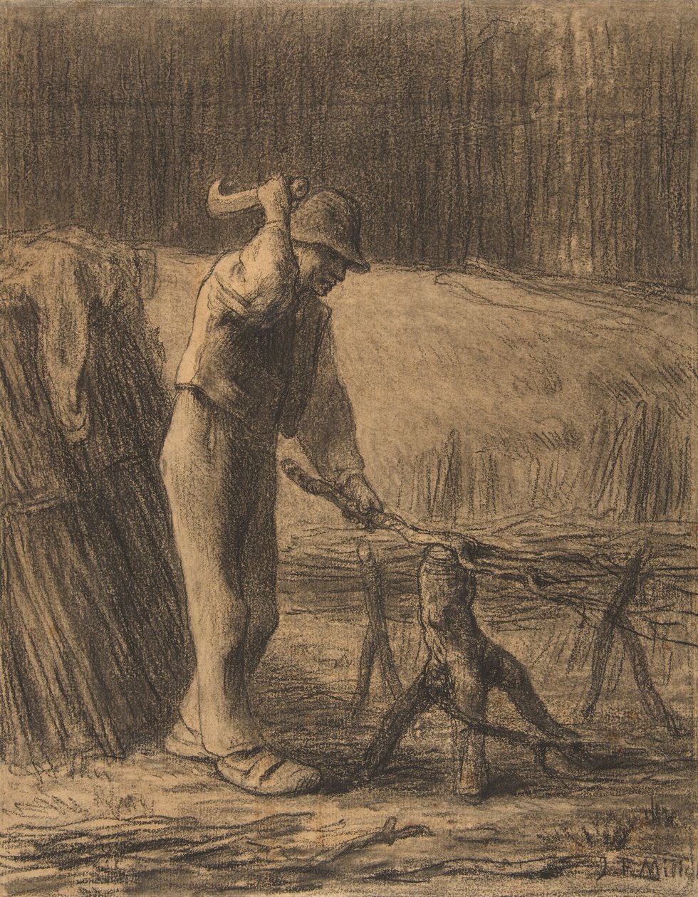 樵夫修剪树枝，1853年至1854年（米色平版纸上的蜡笔画和桩基）。 作者 让·弗朗索瓦·米勒