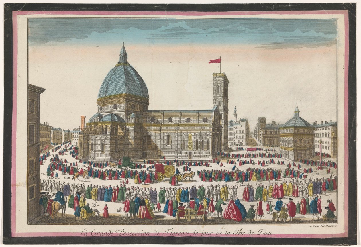佛罗伦萨大教堂的景观和科珀斯克里斯蒂的游行 La grande procession de Florence, le jour de la fête de Dieu（物体上的标题） 作者 让·弗朗索瓦·道蒙