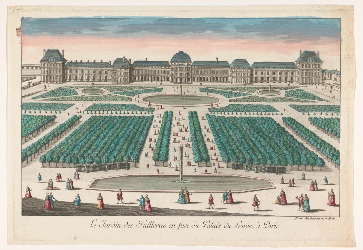 从巴黎杜乐丽花园向卢浮宫方向看去的景色 巴黎杜乐丽花园 (Le Jardin des Tuillereries enface du Palais du Louvre à Paris)（物品上的标题） 作者 让·弗朗索瓦·道蒙