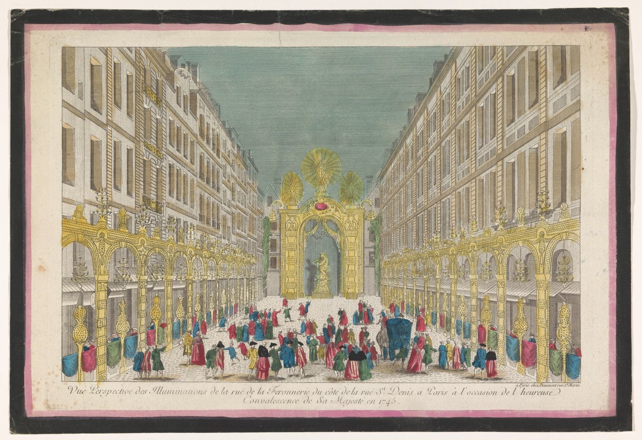 1745 年法国国王路易十五光复之际，巴黎费罗内里街 (Rue de la Feronnerie) 的装饰景观 巴黎圣丹尼路 (...) 的费罗内里街 (Ruë de la Feronnerie) 照明透视图（标题为 o） 作者 让·弗朗索瓦·道蒙
