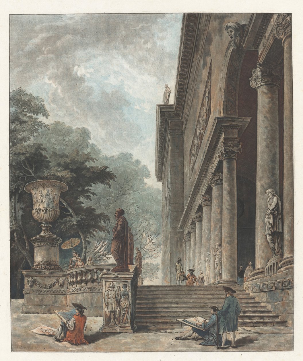 美第奇宫的柱廊和花园(Colonnade et Jardins du Palais de Medici) 作者 让·弗朗索瓦·珍妮特（Jean François Janinet）继休伯特·罗伯特之后