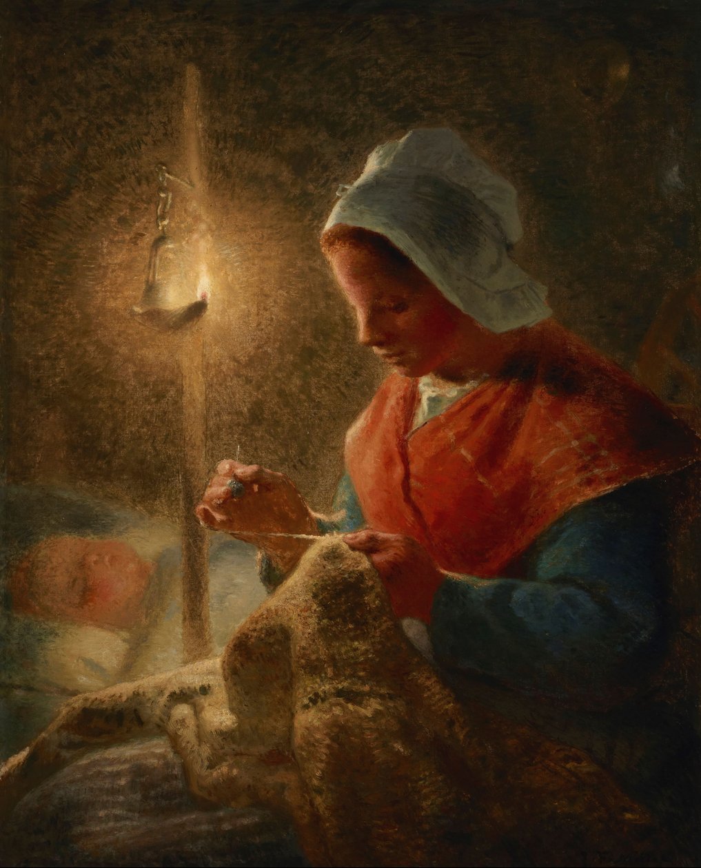 法文：Femme coud à la lumière de la lampe 灯下缝纫的女人 作者 让·弗朗索瓦·米勒