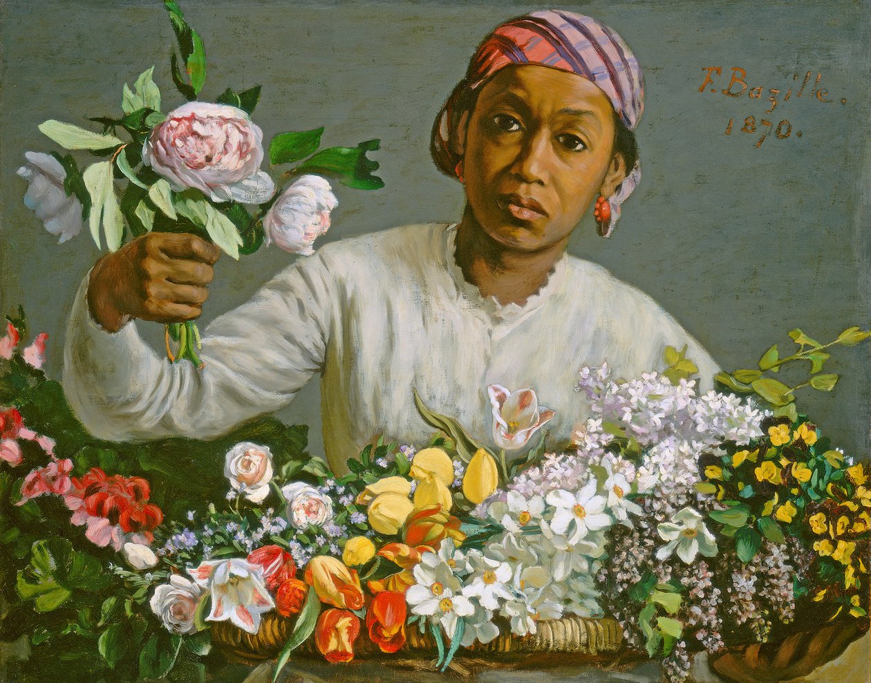牡丹的年轻女子，1870年 作者 让·弗雷德里克·巴齐尔