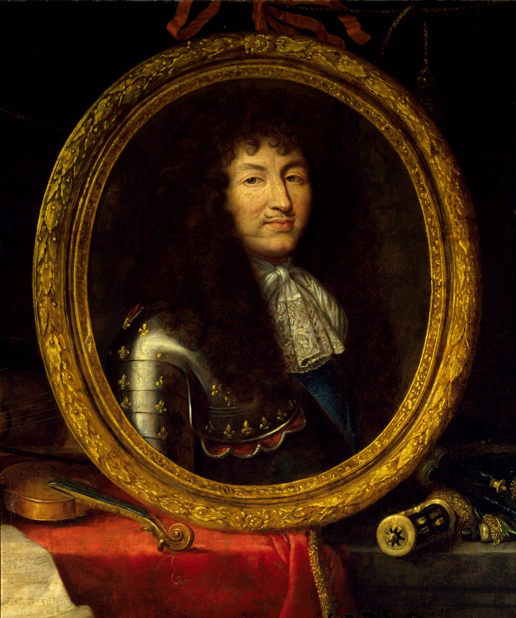 法国国王路易十四的肖像（1638-1715），艺术和科学的保护者国王的肖像周围环绕着乐器（viola de gamba、小提琴吉他）和科学仪器（方形、天球仪、指南针）。 细节。 绘画者 作者 让·加尼尔（Jean Garnier）
