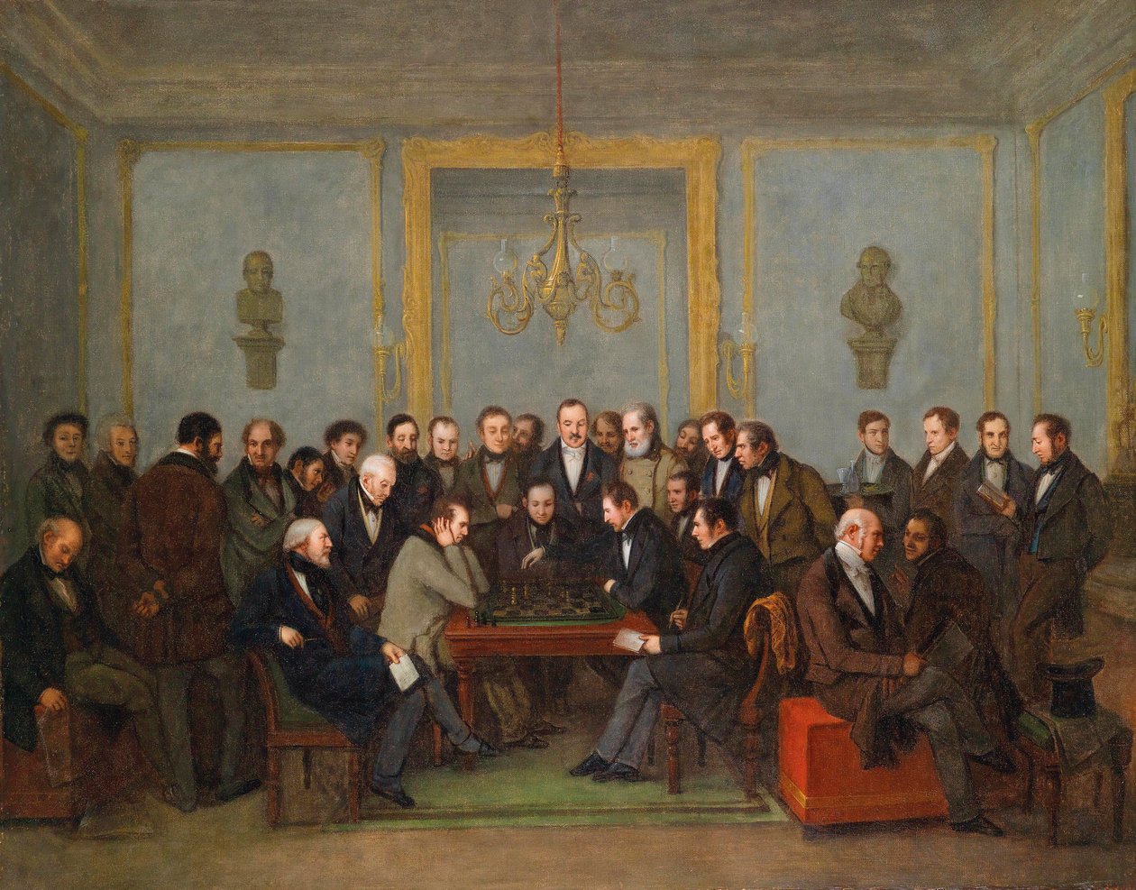 1843年皮埃尔-圣安德和霍华德-斯汤顿的史诗级国际象棋比赛）让-亨利-马莱（1771-1847）的画作 1843年-布面油画 Dim 71x91.5 cm 私人收藏 作者 让·亨利·马莱特
