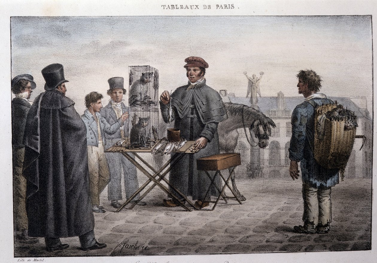 前巴黎街头艺人：鼠死商人（camelot）。 Jean Henry Marlet（1771-1847）在“Les Tableaux de Paris”中的版画系列，共 72 幅，19 世纪后期。 作者 让·亨利·马莱特