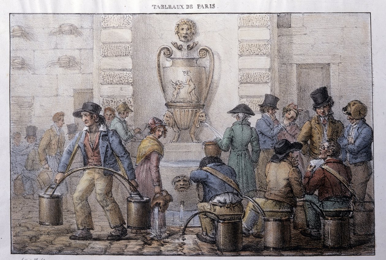 Former street metier in Paris: water carrier in front of a fountain. Engraving by Jean Henry Marlet (1771-1847) in “” Les Tableaux de Paris””, series of 72 prints, late 19th century. 作者 让·亨利·马莱特