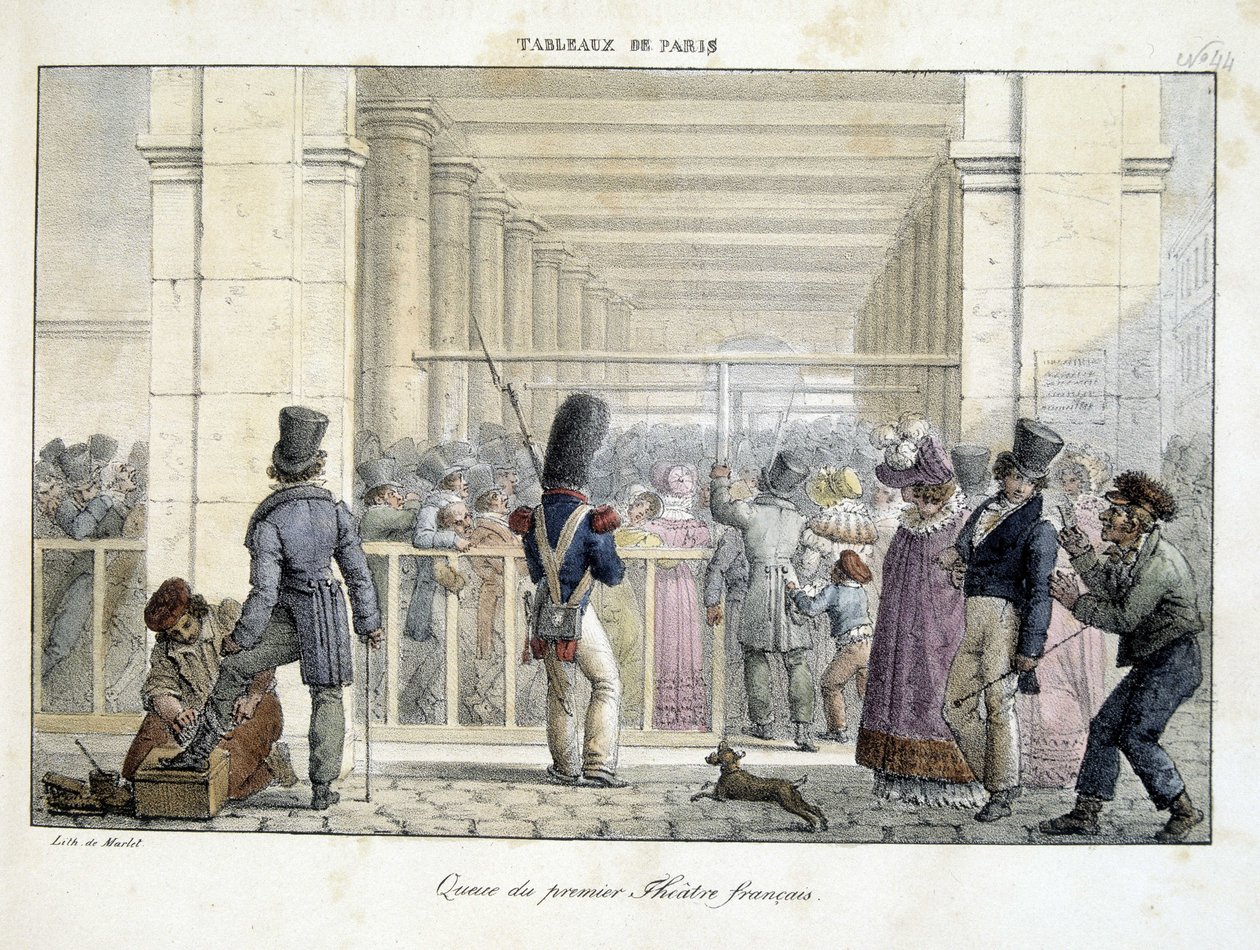 Queue au Premier Theatre Français, - lithography by Marlet, in “” Tableaux de Paris”” 作者 让·亨利·马莱特
