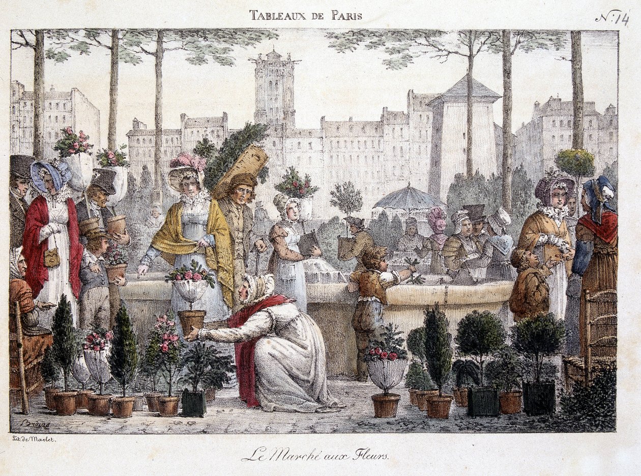 The flower market - lithography by Brocas 作者 让·亨利·马莱特
