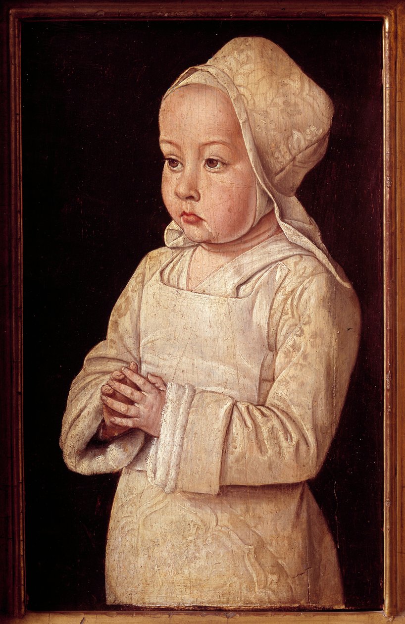 Suzanne de Bourbon (1491-1521) 的肖像被称为祈祷中的孩子，法国的安妮和波旁的皮埃尔二世的女儿，由 Moulins 大师或 Jean Hey (1450-1505) 1495-1500 Sun 绘制。 0,27x0,16 米 作者 珍·海伊