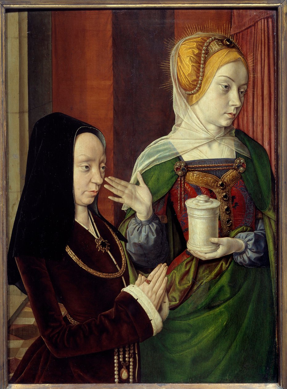 Presume portrait of Madeleine of Burgundy, lady of Laage presented by Sainte Madeleine Painting by Jean Hey dit le Maitre de Moulins (1480-1500) 15th century. Sun 0,56x0,4 m 作者 珍·海伊