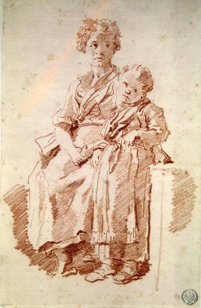 一个年轻的女孩与她的妹妹，1774年（红色粉笔在纸上） 作者 让·奥诺雷·弗拉戈纳尔