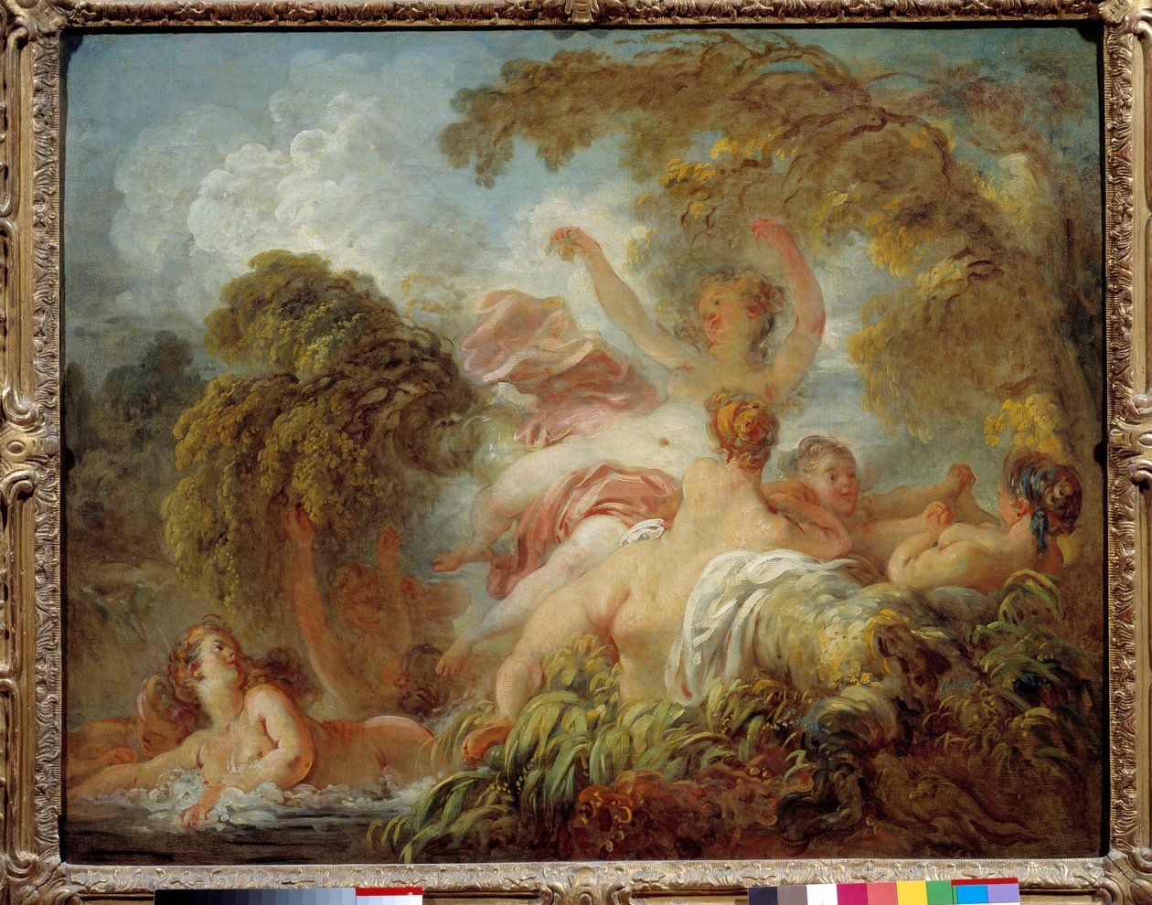沐浴者 一群裸体年轻女性沐浴。 让·奥诺雷·弗拉戈纳尔（Jean Honore Fragonard，1732-1806 年）18 世纪的画作。 0,64x0,8 m 作者 让·奥诺雷·弗拉戈纳尔