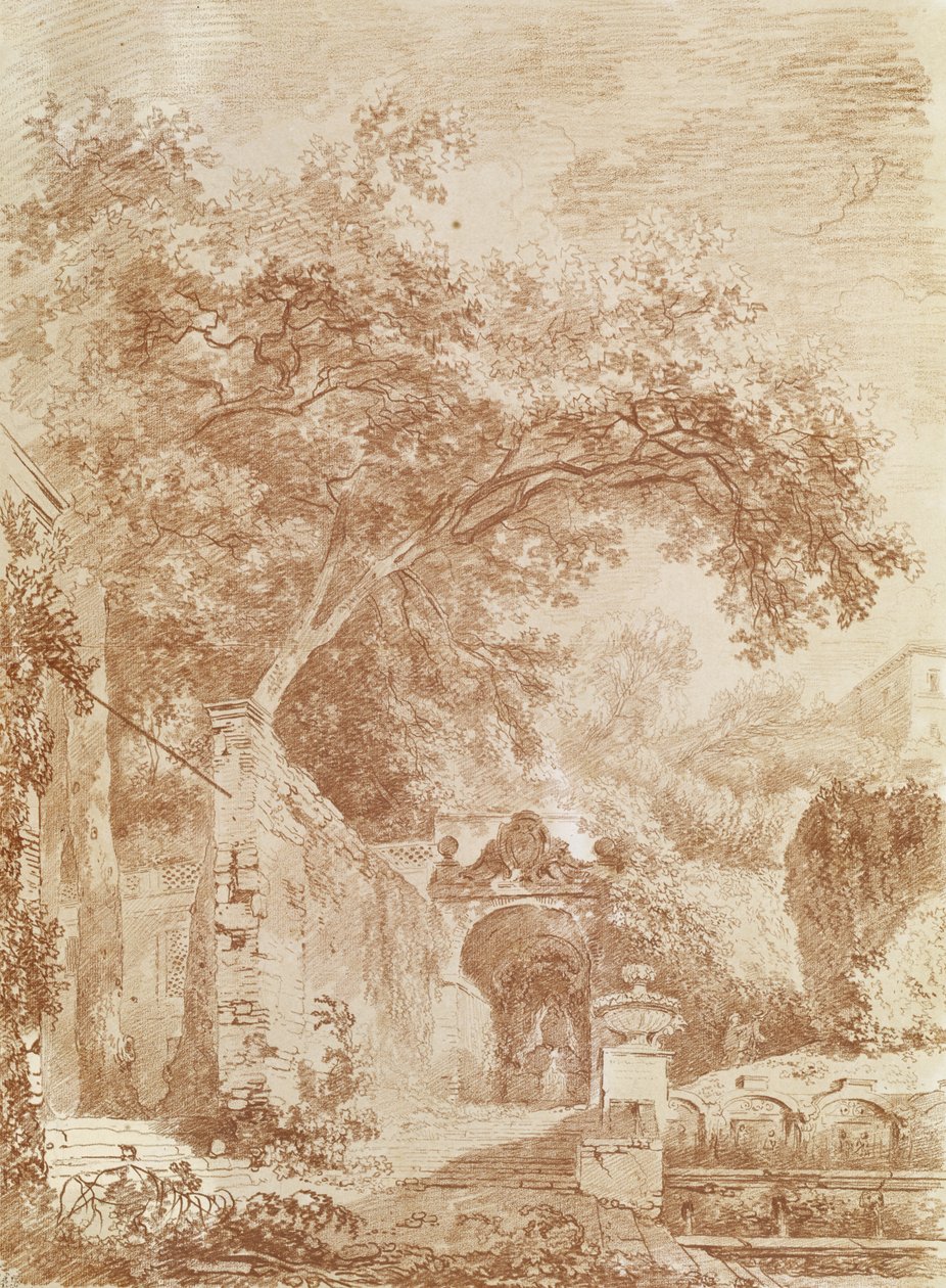 进入Fontanone，Villa d&39;Este，蒂沃利（红色粉笔在纸上） 作者 让·奥诺雷·弗拉戈纳尔