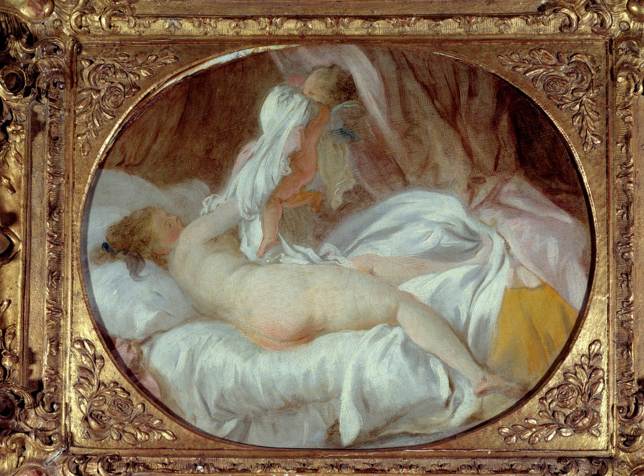 Erotica: “” The shirt removed””” A young woman taking off her shirt with the help of a Love. Painting by Jean-Honore Fragonard (1732-1806) Before 1778 Sun. 0,35x0,42 m. 作者 让·奥诺雷·弗拉戈纳尔