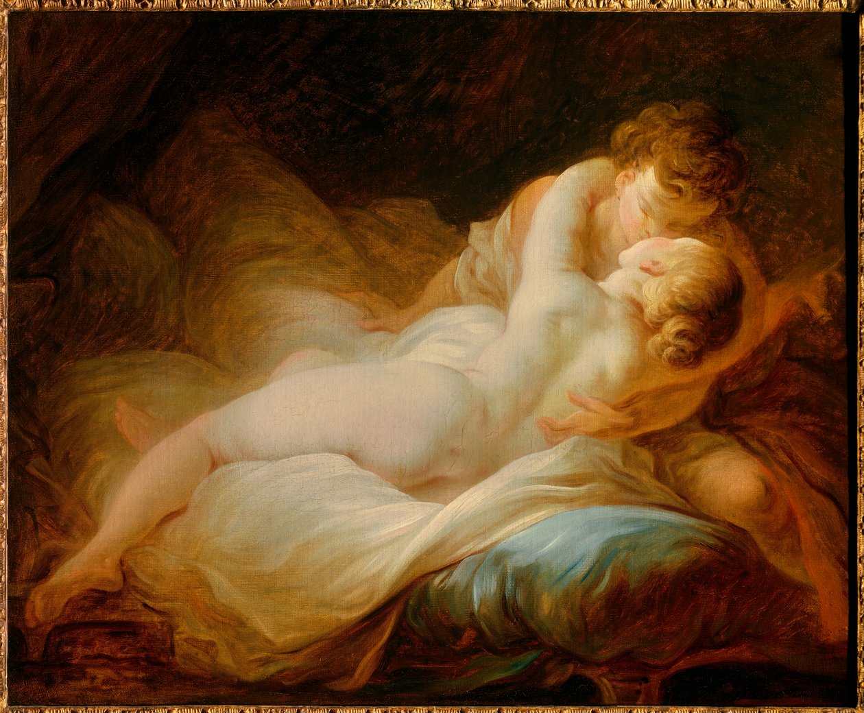 情色："欲望的瞬间 "或 "幸福的恋人" 一对夫妇在床上接吻。Jean Honore Fragonard (1732-1806)的画作，18世纪。私人收藏 作者 让·奥诺雷·弗拉戈纳尔