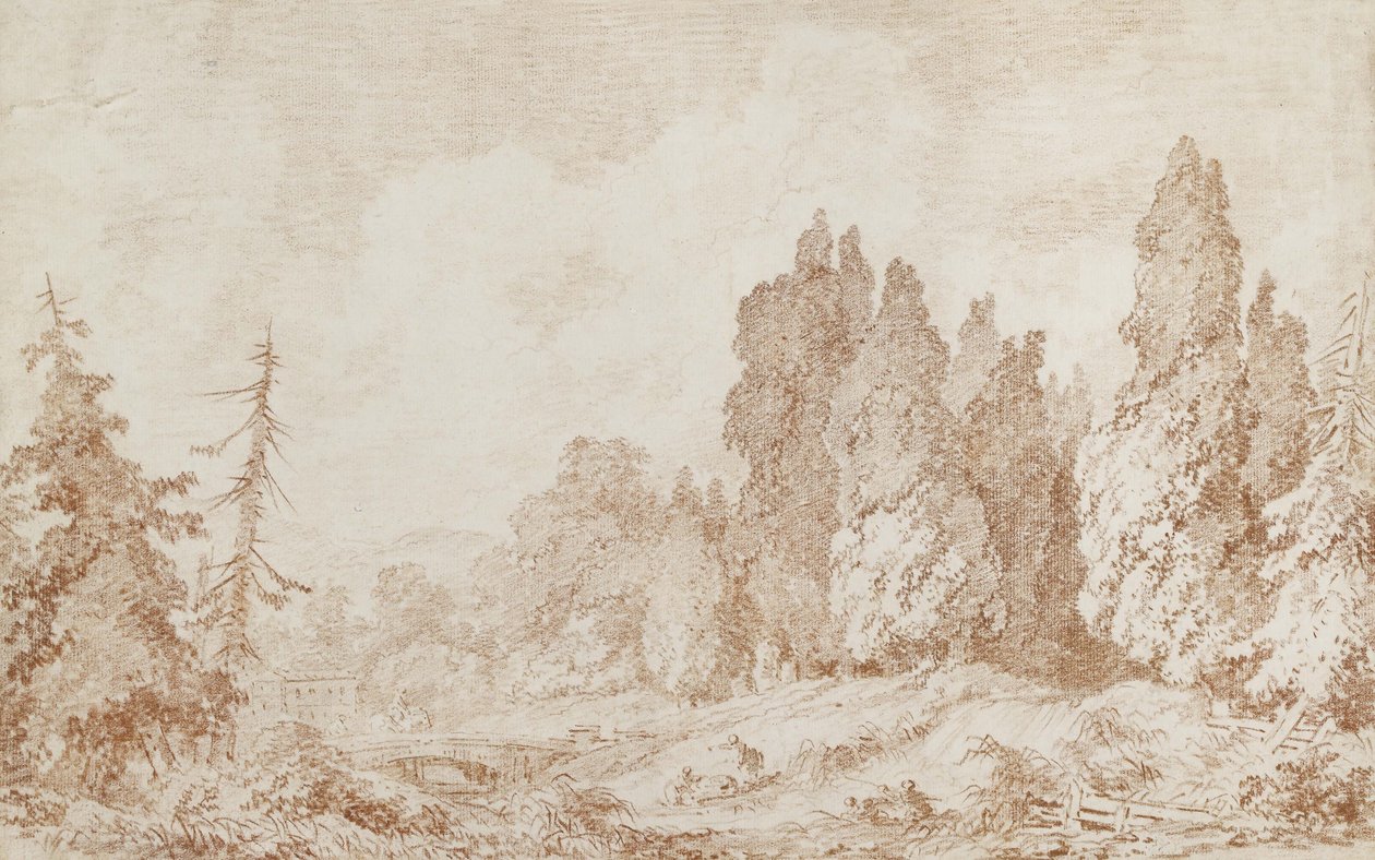 景观用桥，c.1760（红白垩在白纸上） 作者 让·奥诺雷·弗拉戈纳尔