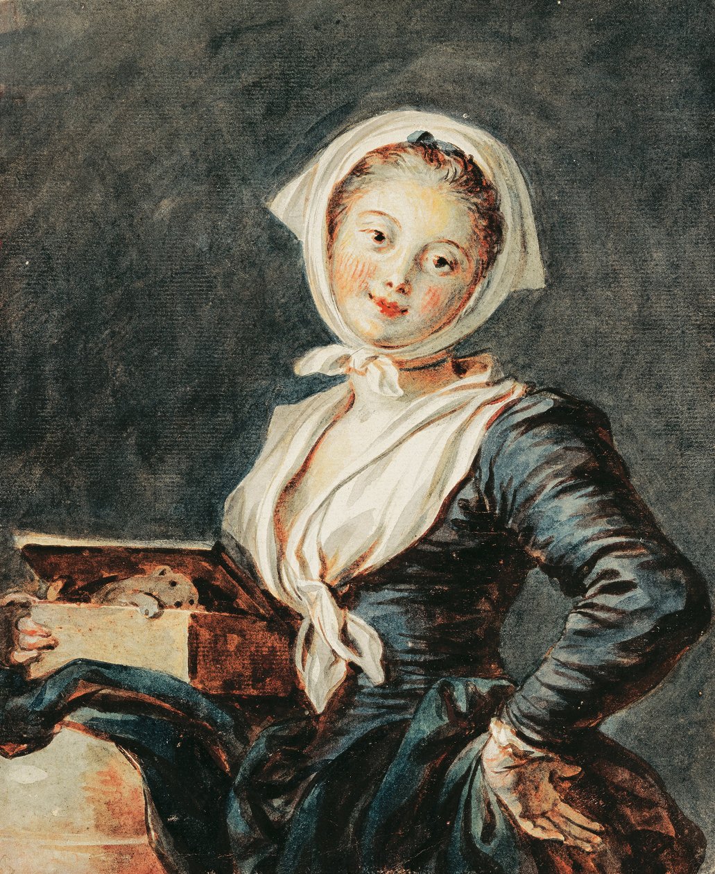 旱獭的女孩》，约1785-8（纸上水彩和黑色粉笔画）。 作者 让·奥诺雷·弗拉戈纳尔