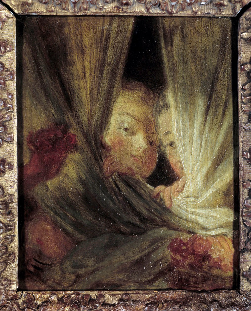 好奇的两个小女孩在窗帘后面窥探。 Jean-Honore Fragonard (1732-1806) 18 世纪太阳的绘画。 0,16x0,12 米。 作者 让·奥诺雷·弗拉戈纳尔