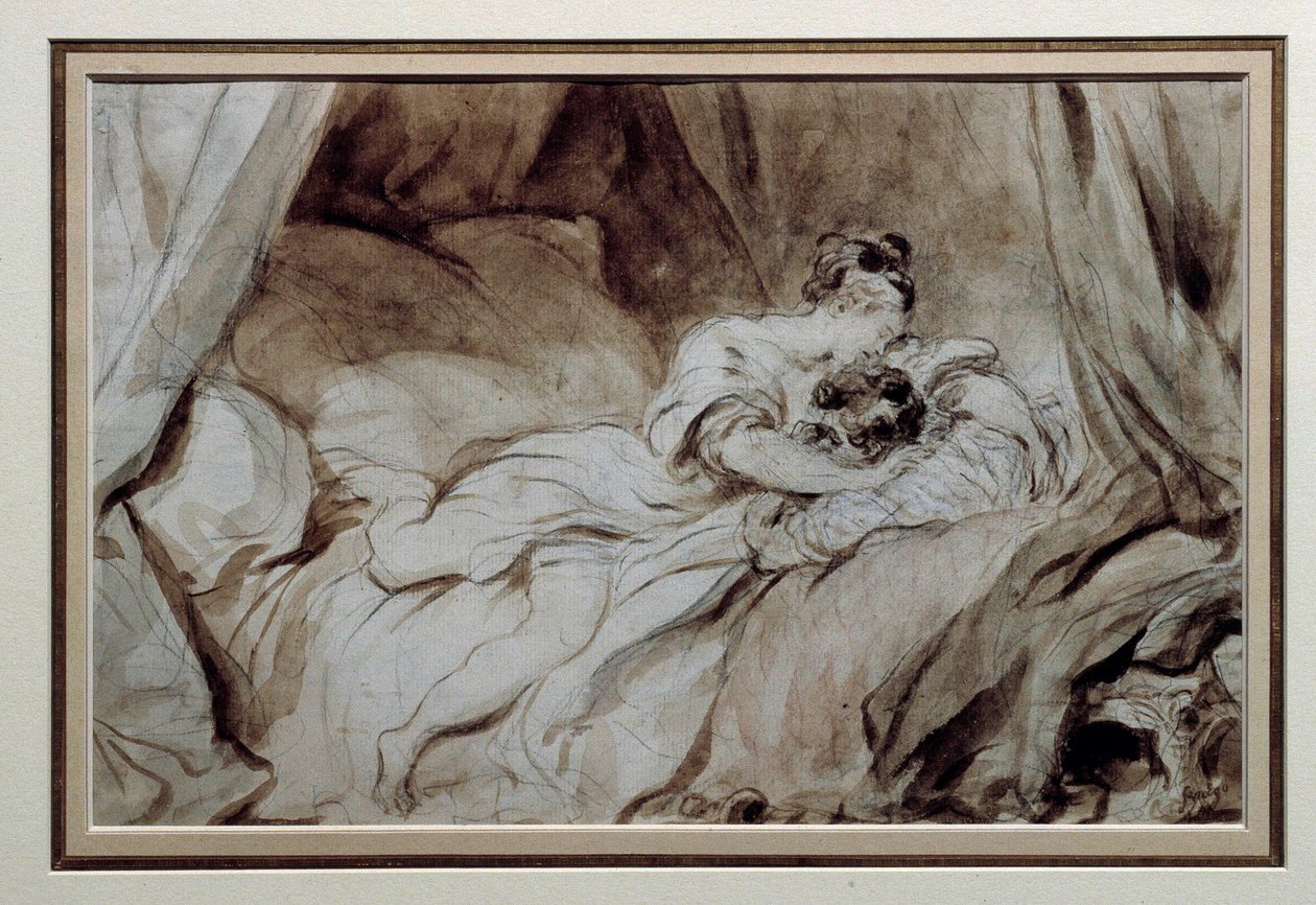 The happy moment A couple stroking each other in a bed. Drawing in the Bistre Wash by Jean Honore Fragonard (1732-1806) 18th century Private Collection 作者 让·奥诺雷·弗拉戈纳尔
