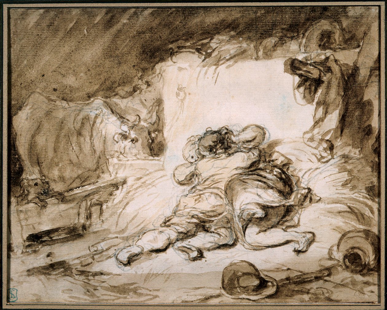 马厩 一对夫妇在干草堆上相拥而泣。Jean Honore Fragonard (1732-1806)的水墨画，巴黎。科尼亚克博物馆 杰 作者 让·奥诺雷·弗拉戈纳尔