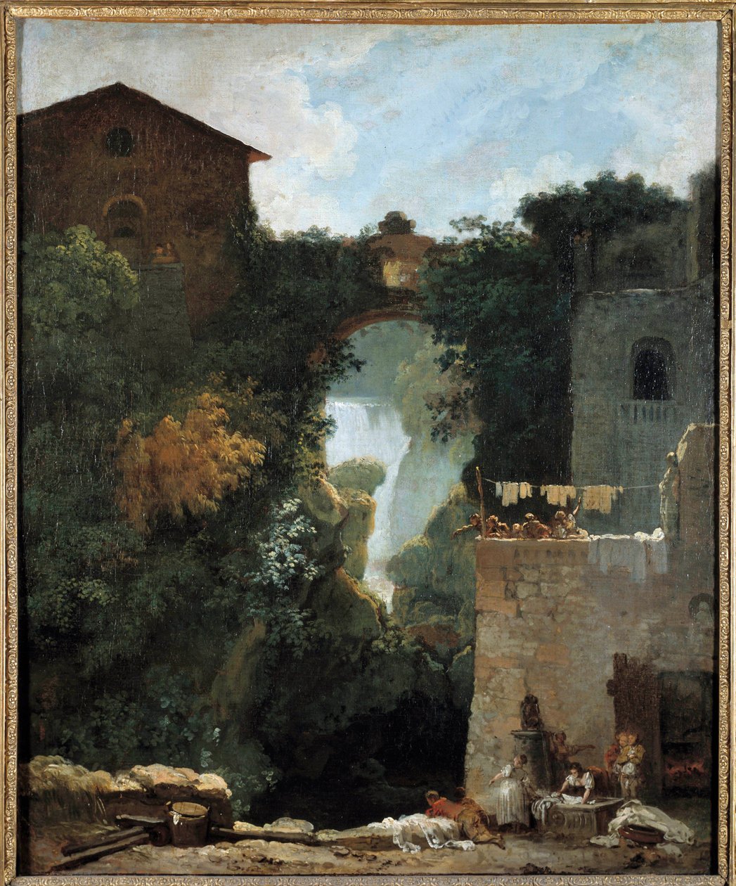 Tivoli Des lavandieres的瀑布 在瀑布的风景中。Jean-Honore Fragonard (1732-1806)的画作 18世纪 太阳。0,72x0,6米。 作者 让·奥诺雷·弗拉戈纳尔