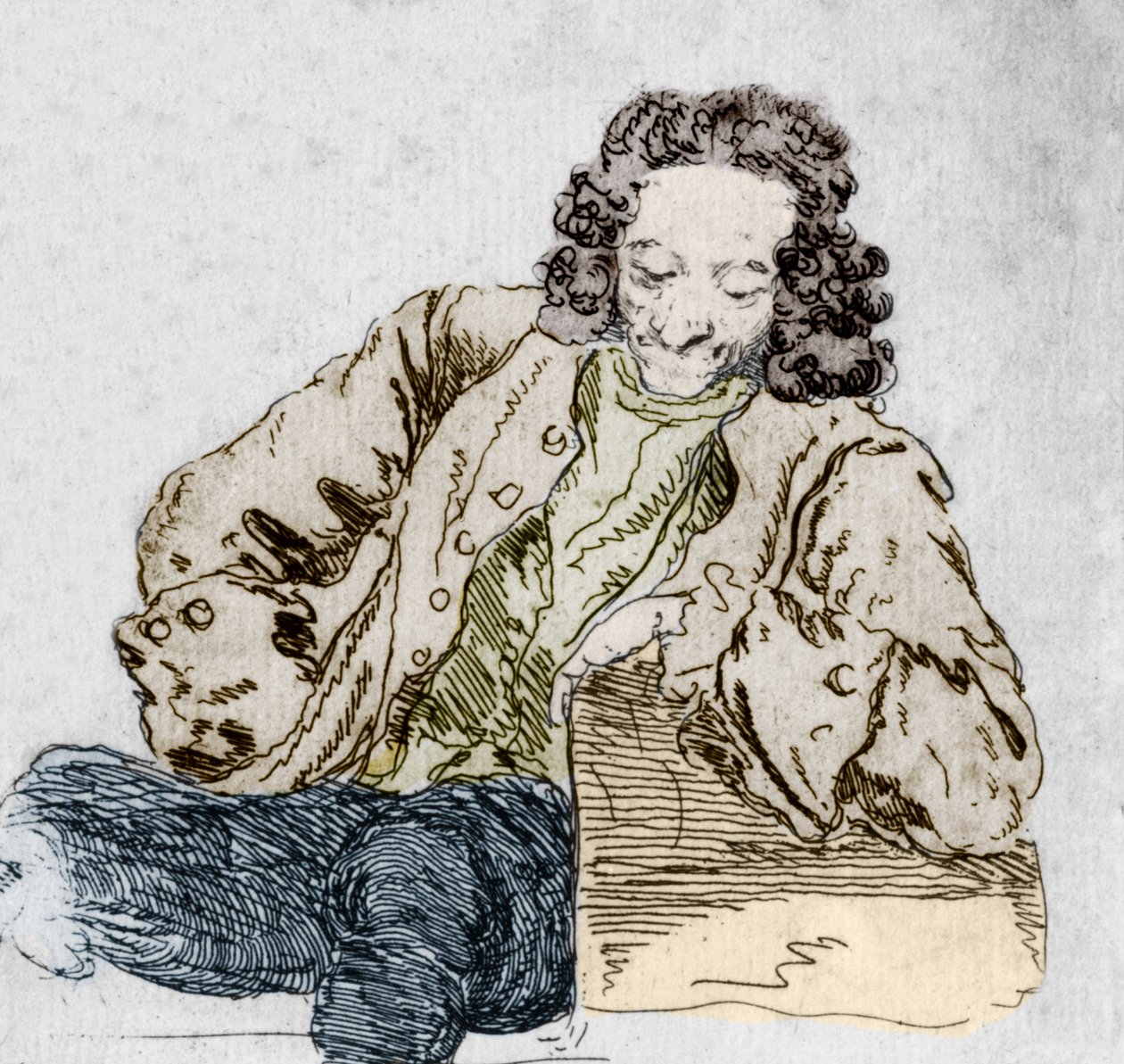 弗朗索瓦-玛丽-阿鲁埃（Francois Marie Arouet，dit Voltaire，1694-1778）的肖像，是根据胡贝尔的《伏尔泰的不同相貌》绘制的细节。 作者 让·于贝尔